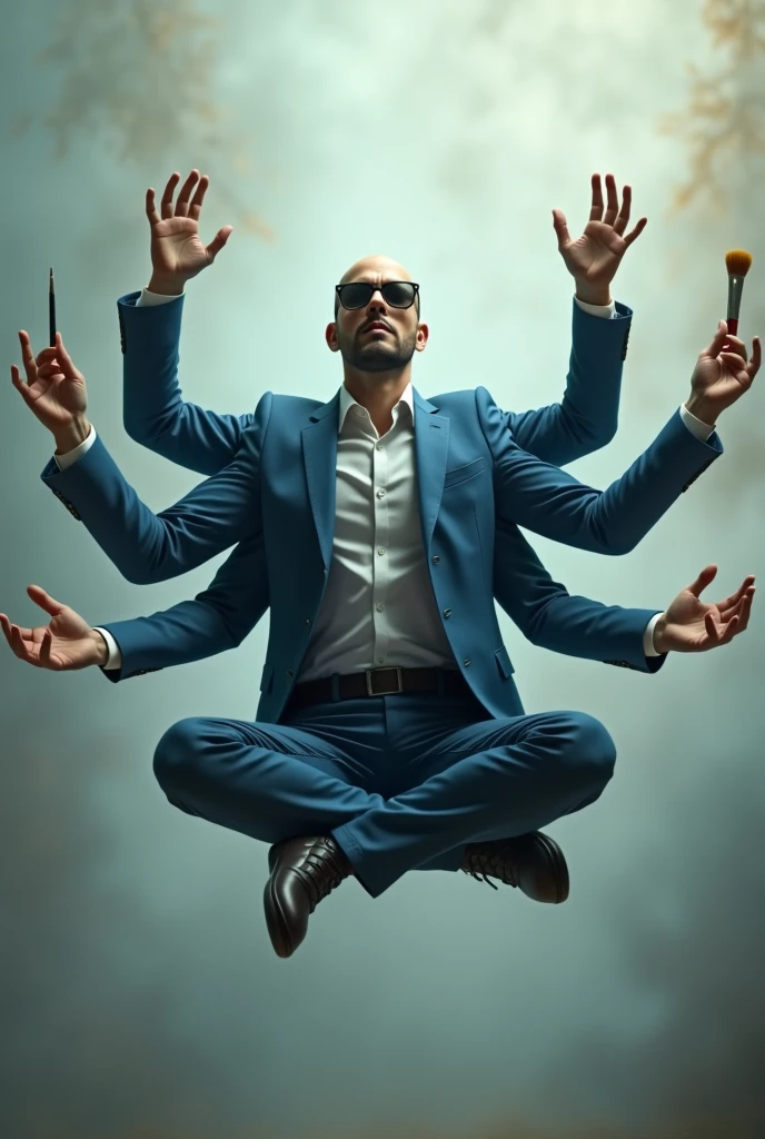 bald man without beard sunglasses meditating with blue blazer floating with 6 arms, each hand an art tool