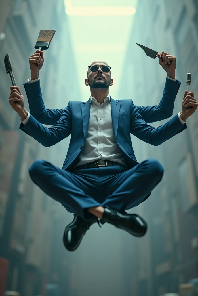 bald man without beard sunglasses meditating with blue blazer floating with 6 arms, each hand an art tool