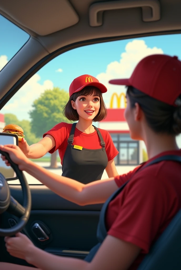 Prompt : Au drive McDonald's
Point de vue : À l'intérieur de la voiture au drive-thru.
Contexte : Une journée ensoleillée au drive-thru de McDonald's.
Personnage : Une femme de 50 ans, avec des cheveux bruns coupés court. Elle a une poitrine généreuse et porte l'uniforme emblématique de McDonald's, un t-shirt rouge et un tablier noir, avec une casquette McDonald's.
Action : La personne est à l'intérieur de la voiture, attendant au drive-thru. Une employée s'approche de la fenêtre et tend un sac rempli de commandes, souriante et enthousiaste. L'odeur des frites et des hamburgers flotte dans l'air.
Style : Réaliste, photo réaliste.