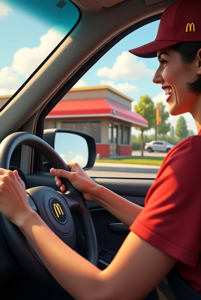 Prompt : Au drive McDonald's
Point de vue : À l'intérieur de la voiture au drive-thru.
Contexte : Une journée ensoleillée au drive-thru de McDonald's.
Personnage : Une femme de 50 ans, avec des cheveux bruns coupés court. Elle a une poitrine généreuse et porte l'uniforme emblématique de McDonald's, un t-shirt rouge et un tablier noir, avec une casquette McDonald's.
Action : La personne est à l'intérieur de la voiture, attendant au drive-thru. Une employée s'approche de la fenêtre et tend un sac rempli de commandes, souriante et enthousiaste. L'odeur des frites et des hamburgers flotte dans l'air.
Style : Réaliste, photo réaliste.
