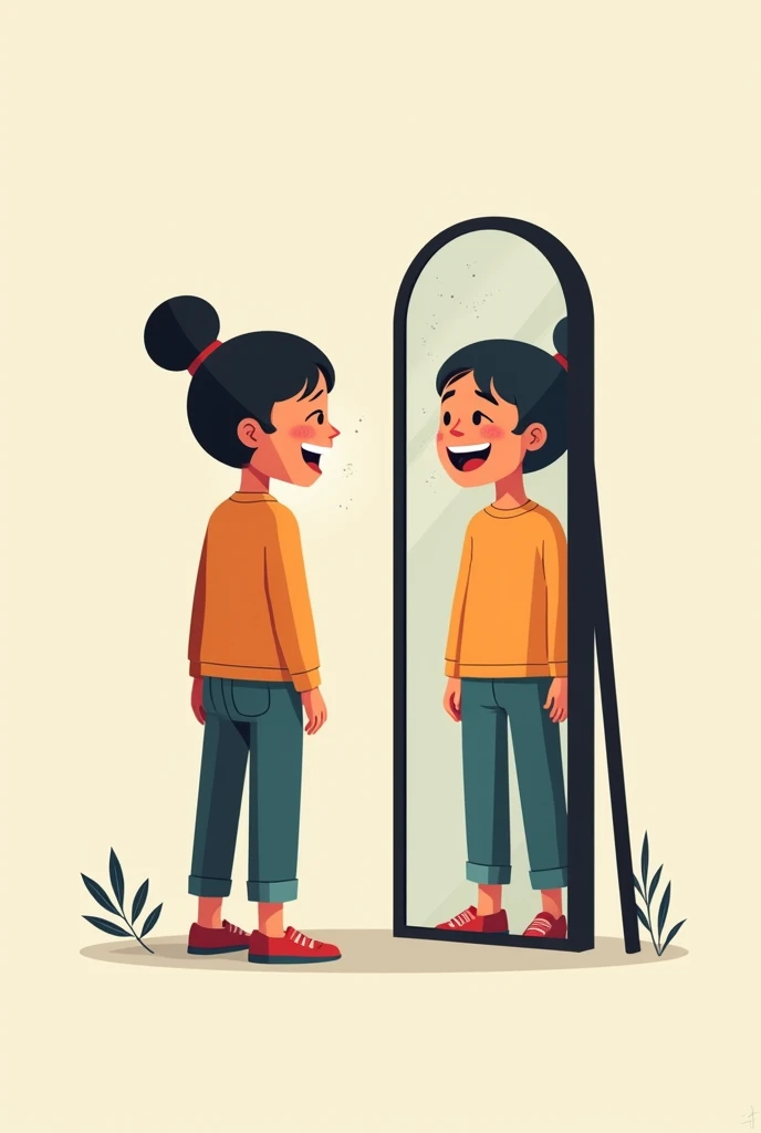 someone happy looking in the mirror but their reflection shows confusion in a simple artform