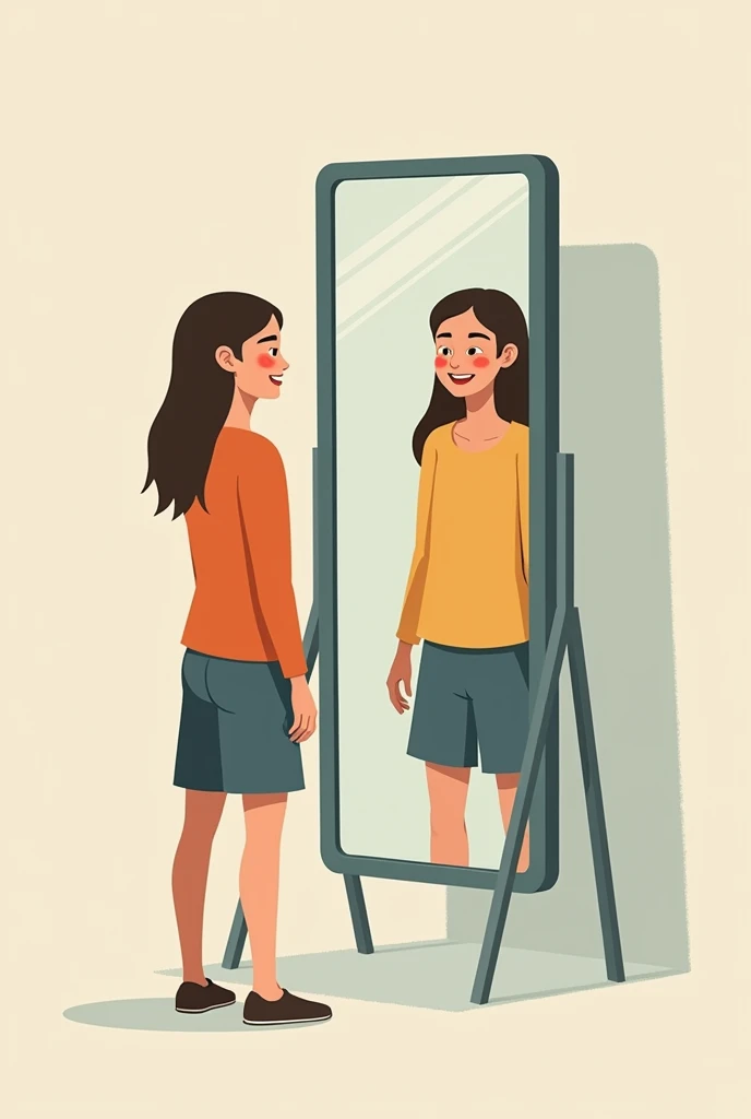 someone happy looking in the mirror but their reflection shows confusion in a simple artform