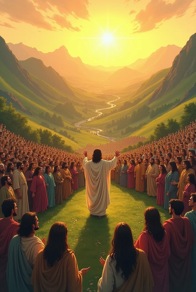 a very loose sketchy sketch, done in the style of Karl Kopinski, aerial view of the scene of A serene yet powerful moment on a hill, Jesus delivering the Sermon on the Mount to a diverse crowd. The sun is setting, casting a warm golden light over a sea of listeners—men, women, and children of various ages and ethnicities. Jesus, in simple robes, stands at the center, radiating a calm and compassionate presence, his hands gently raised as he speaks. The background shows a lush landscape with a fe