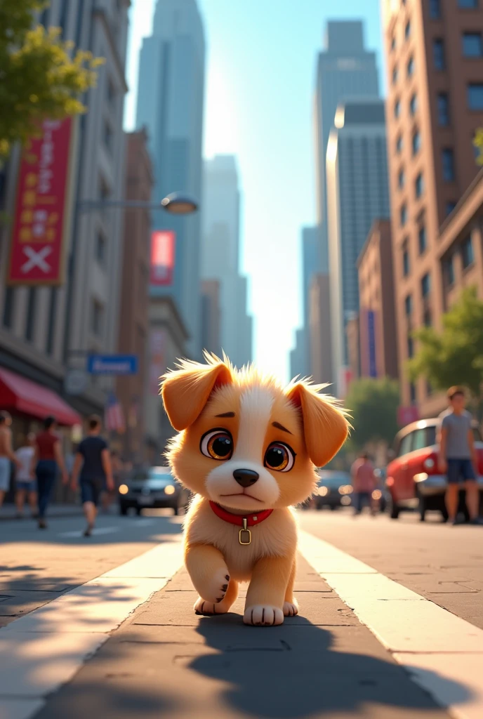 A small, fluffy puppy named Max, lost in a bustling city street, looking around with a worried expression. The city is filled with tall buildings and busy people.