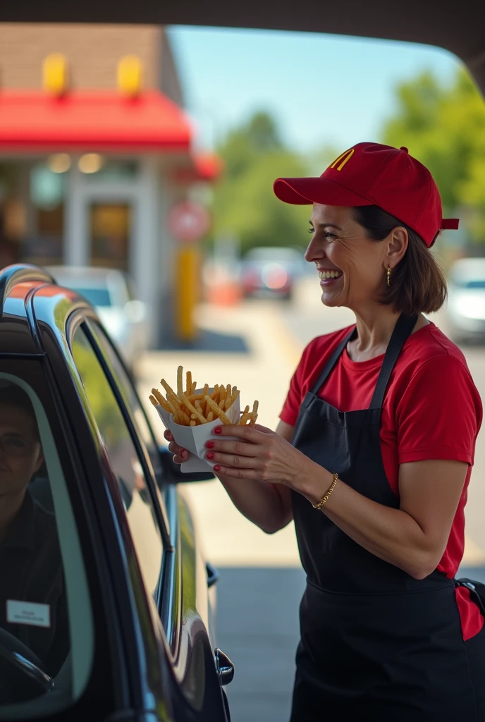 50 years old, white woman, short haire, brun haire, bobbed hairstyle . She has an hourglass figure, massive breasts. ,Wide hips (implants), Prominent buttocks (implants). She's fully clothed, not naked or topless. Context: A sunny day at a McDonald's drive-through. Character: A smiling woman, dressed in the emblematic McDonald's uniform, with a red t-shirt and black apron. Her hair is tied back in a ponytail, and she wears a McDonald's cap. Action: She stands at the drive-thru window, a big smile on her face, holding out a bag full of orders to a car that has just stopped. The aroma of fries and burgers wafts through the air, adding to the lively service atmosphere. Expression: Her face radiates joy and enthusiasm, flashing a genuine smile that makes customers want to come back. She says enthusiastically, “Here's your order, bon appétit!” Atmosphere: In the background, other employees can be seen bustling about, and happy customers waiting for their meals. The sound of cars and light music create a friendly, lively atmosphere. POV view