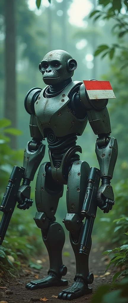 Bad quality. Grainy colored cctv footage. Monkey robot made of iron, cool, complicated model. There are shooting guns. In the forests of Asia Indonesia. Stamp of Indonesian flag icon on robot&#39;s shoulder. Seen from afar. bad light.