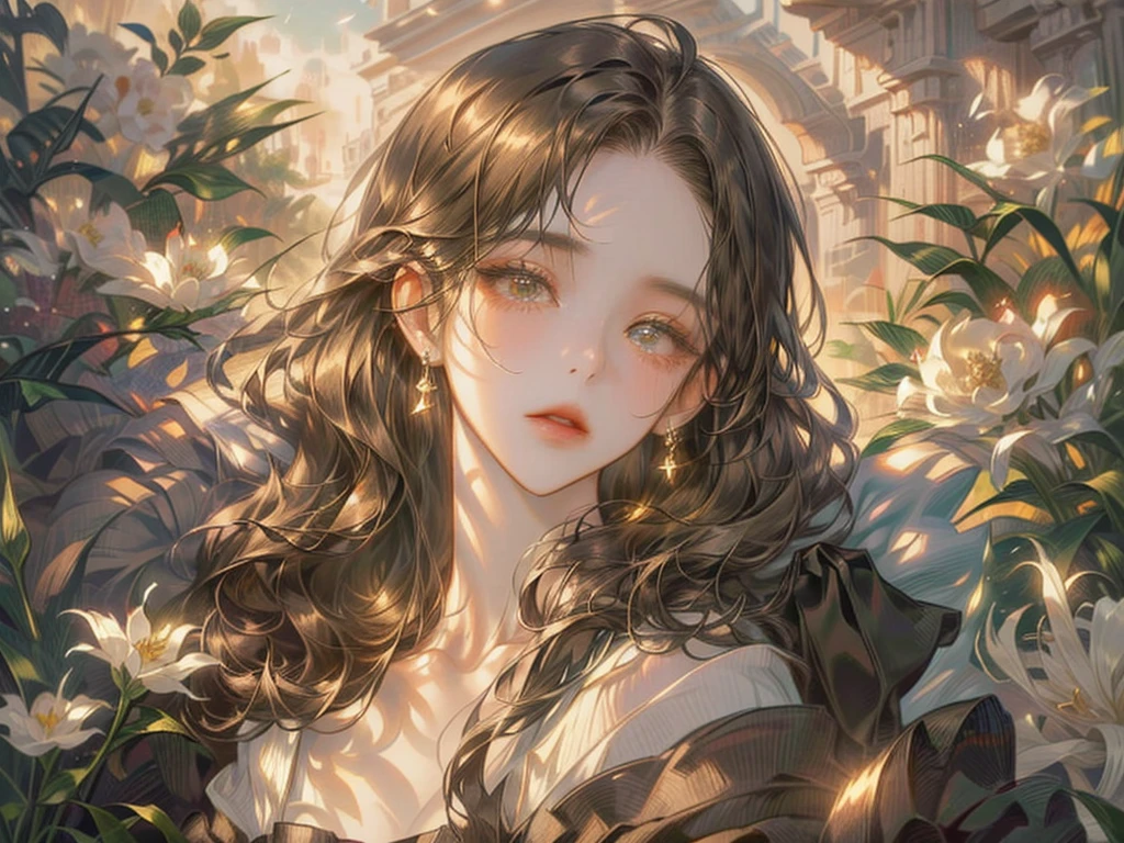 ((Masterpiece artwork)), (best quality image)，(ultra intricately detailed)，(higher definition)，(8k)，(linhas limpas)，(perfect facial features, perfect  skin)，(offcial art)，1Woman with long wavy light brown hair, golden colored eyes, brown skin. Lying on top of the flowers, eyes locked.