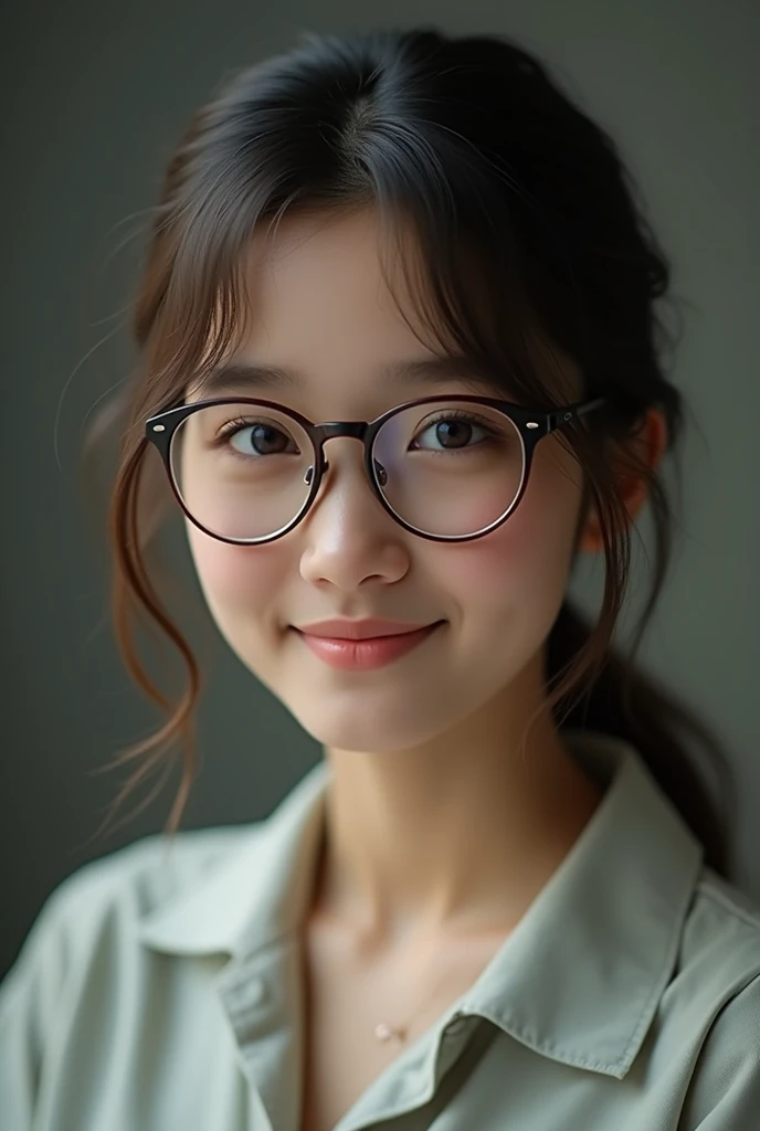 Girl wearing glasses, half of body seen