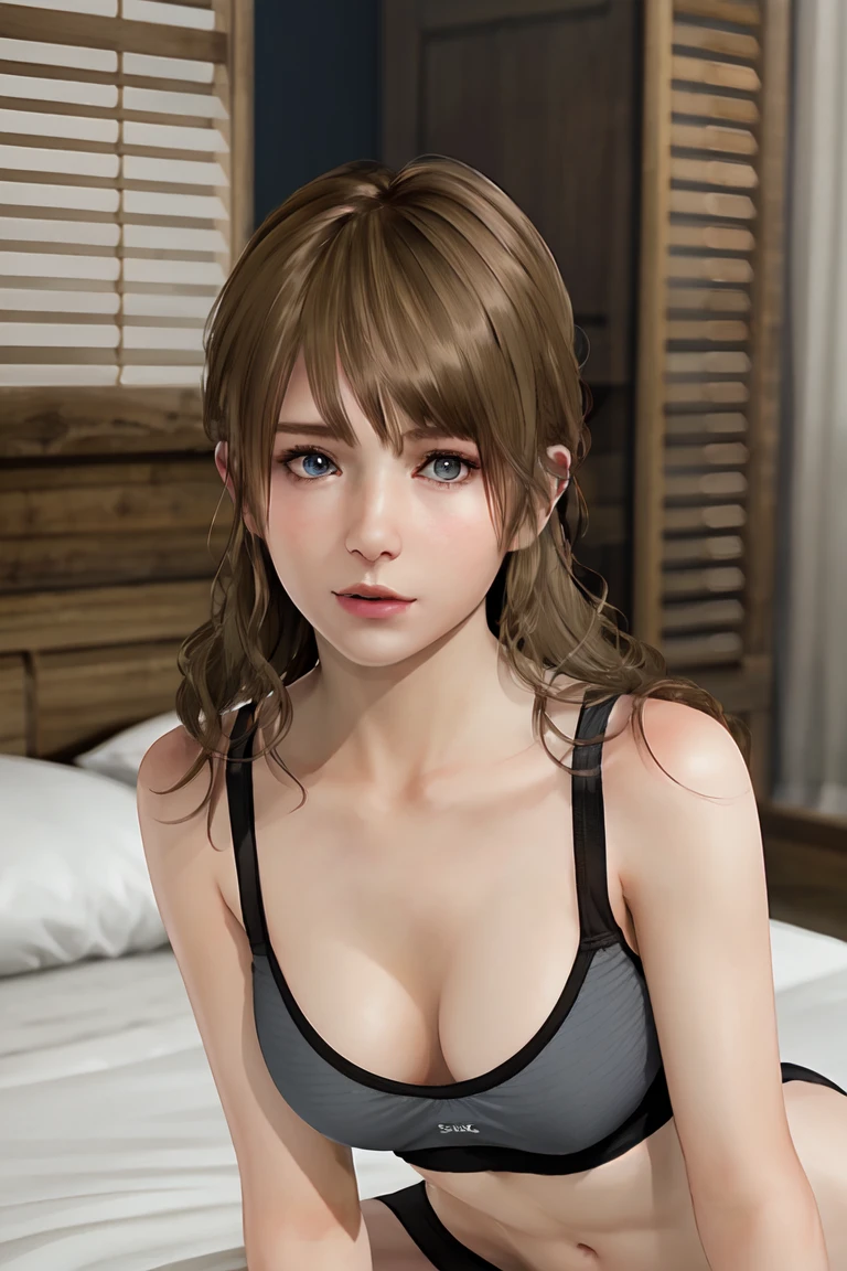 Monica, (Representative works:1.3)、(8k、Realistic、RAW Photos、Best image quality:1.4)、Small face、Beautiful Face、(Realistic Face)、Natural Makeup、light makeup、 Beautiful hairstyle、Realistic eyes、Beautiful attention to detail、 (Realisticな肌)、Beautiful Skin、Grey sports bra、bra、indoor、Lying on the bed on my back、Sexy pose、Full body portrait、looking at the camera、Troubled expression