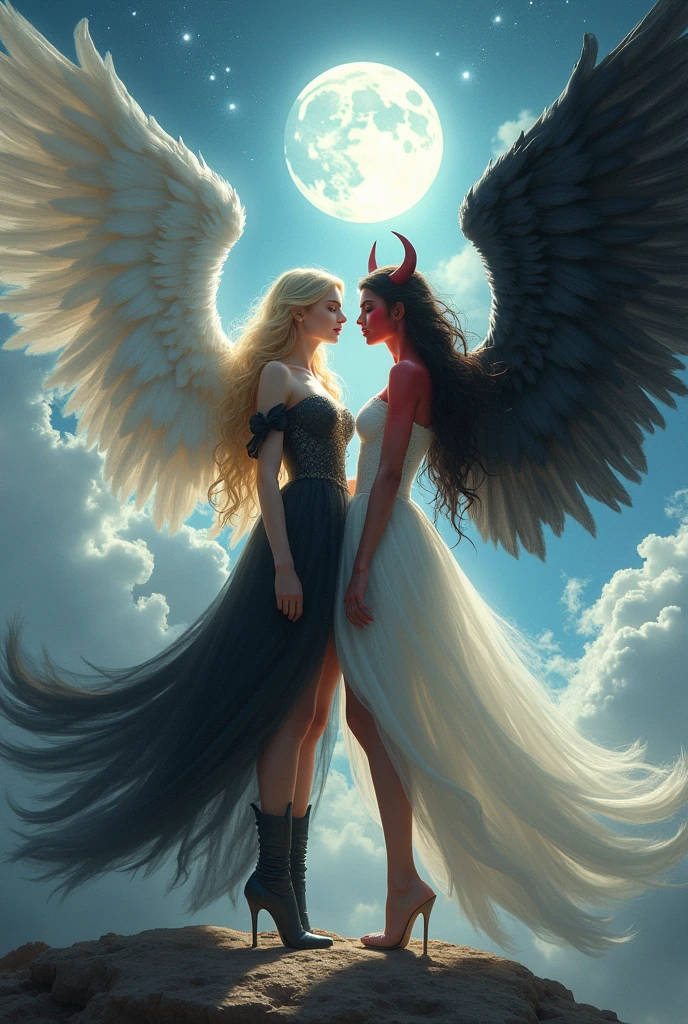 (highest quality, masterpiece, High resolution), 16K, fantasy art, RPG art a picture of (((2 women))), BREAK a (1female angel: 1.3) , wearing intricate dress glam dress, (black dress: 1.3) pale skin, best details beautiful face , (blond: 1.2)  hair, long hair wavy hair  (blue: 1.1) eyes, high heeled boots,  large angelic wings, (white: 1.2) angelic wings spread BREAK ((AND))  a (1female demon: 1.3), (red: 1.4) skin, demonic wings, (black: 1.1) demonic wings spread, demonic horns, (red: 1.1) skin, black hair, red eyes, best details beautiful face, wearing a intricate dress glam dress, (white dress: 1.3), high heels, in the border between heaven and hell, moon, stars, clouds, god rays, soft natural light silhouette, dynamic angle,  photorealism, panoramic view (Masterpiece 1.3, intense details) , Wide-Angle, Ultra-Wide