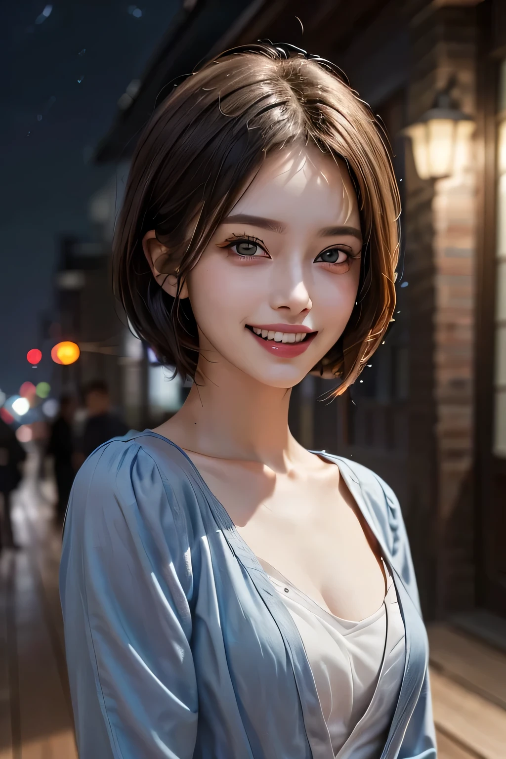 (highest quality, 8k, 32K, masterpiece), (Realistic), (Realistic:1.2), (High resolution), (night:1.7), Japan, cyber punk, 街の景Farbe, In front of the window,Wooden floor, Blue jacket, Grey Shirt, clavicle, jewelry, gem, Brunette Bob, 1 female, 4, (Grin), Beautiful body, beautifulNose, beautifulcharacter design, Perfect Eyes, perfectface, Expressive eyes, View your audience, Center the image, (Cowboy Shot), Official Art, Very detailed CG Unity 8k wallpaper, Perfect lighting,Farbeful, bright_front_face_Lighting,Glowing Skin, (masterpiece:1.0),(Highest_quality:1.0), 超High resolution,4K,Very detailed, photograph, 8k, High resolution, High resolution, absurdes:1.2, Kodak Port 400, Film Grain, Blurred Background, bokeh:1.2, Lens flare, (Vibrant_Farbe:1.2) (beautiful,chest), (beautiful_face:1.5),(narrow_Waist)