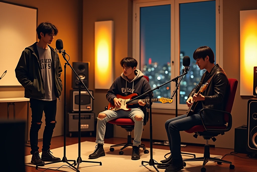 In a sleek, modern recording studio, three handsome Korean male band members are hard at work recording a new song. The first member, with tousled dark hair and a trendy jacket over a graphic tee, stands at a microphone, passionately singing with his eyes closed, deeply connected to the lyrics. He wears large, over-ear headphones. The second member, with slightly wavy hair, sits at a state-of-the-art mixing console, wearing a hoodie and ripped jeans. He has his own microphone on a stand, angled towards him, as he hums along or adds backing vocals while adjusting the sound levels with intense focus. The third member, sitting on a comfortable stool, is playing a sleek electric guitar while wearing a leather jacket and dark jeans. He also has a microphone positioned in front of him, capturing his harmonies or vocal riffs as he plays. The studio is filled with warm, ambient lighting, with soft yellow and orange hues reflecting off the acoustic panels, creating a cozy yet professional atmosphere. The room is dotted with various instruments, and a large window in the background reveals a night view of the city skyline, adding to the creative and dynamic energy as the band works in perfect harmony to craft their sound.
