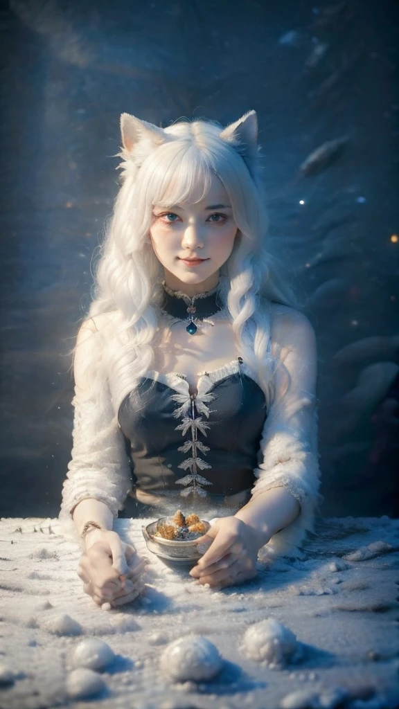 
(masterpiece, highest quality, highest quality, official art, beautiful and aesthetic: 1.2), (one girl: 1.3), wavy long hair, white hair, Cat ears on the head,highly detailed portrait, highly detailed hands, looking at the viewer, alone, (whole body: 0.6), detailed background, close, shining eyes, (cold arctic winter theme: 1.1), fortune teller, Charlatan, grin, Mysterious, sitting at the table, カラフルな肩のないゆるいジプシーfortune tellerの服, holy grail, tarot cards, Crystal jade, Medieval (inner tent: 1.1) background, tent curtain on background, dark Mysterious lighting, Shadow, magical atmosphere, starry night, dutch angle, healing and guidance, transcendental beauty, fractal art, Seaweed,