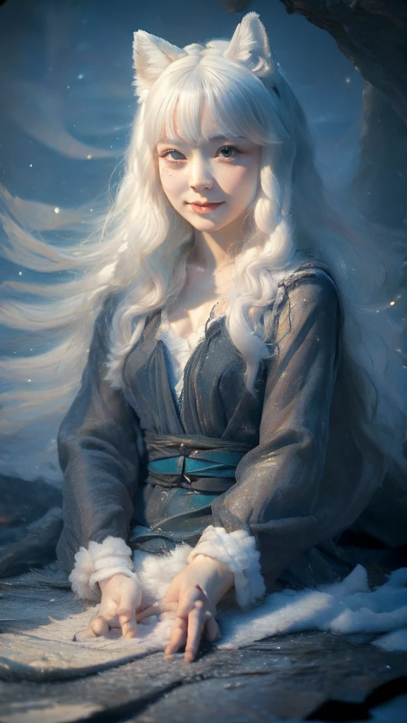 (masterpiece, highest quality, highest quality, official art, beautiful and aesthetic: 1.2), (one girl: 1.3), wavy long hair, white hair, Cat ears on the head,highly detailed portrait, highly detailed hands, looking at the viewer, alone, (whole body: 0.6), detailed background, close, shining eyes, (cold arctic winter theme: 1.1), fortune teller, Charlatan, grin, Mysterious, sitting at the table, カラフルな肩のないゆるいジプシーfortune tellerの服, holy grail, tarot cards, Crystal jade, Medieval (inner tent: 1.1) background, tent curtain on background, dark Mysterious lighting, Shadow, magical atmosphere, starry night, dutch angle, healing and guidance, transcendental beauty, fractal art, Seaweed,