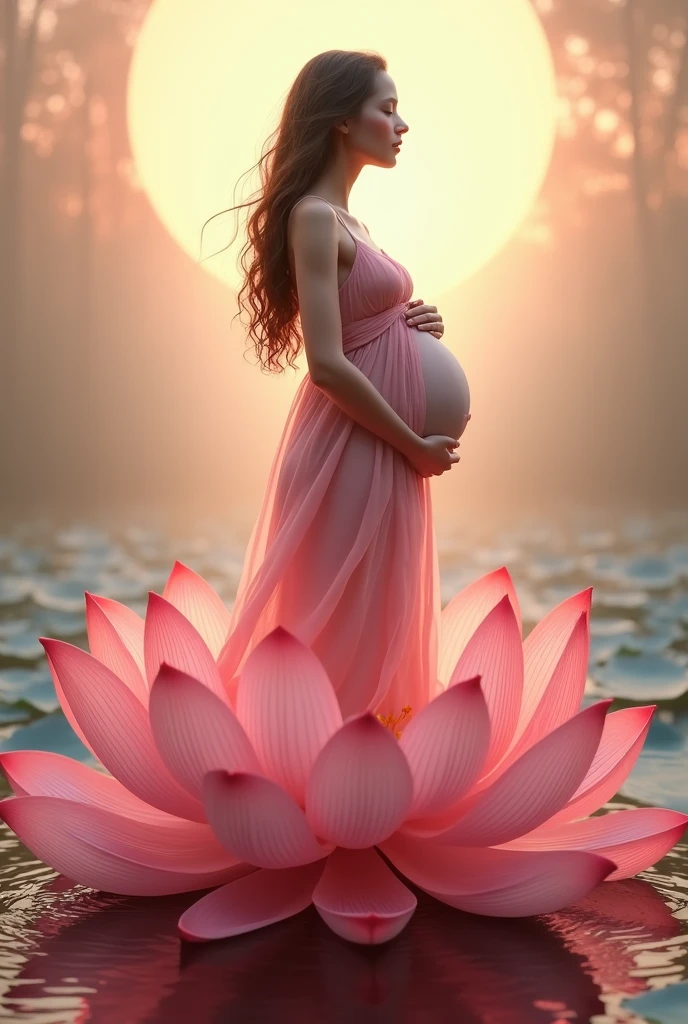 pregnant woman in a pink dress standing in a lotus flower, digital art inspired by Igor Kieryluk, cgsociety contest winner, digital art, maternal photography 4 k, beautiful digital artwork, beautiful digital illustration, beautiful digital art, beautiful digital painting, beautiful gorgeous digital art, gorgeous digital painting, very beautiful digital art, stunning digital illustration, gorgeous digital art, pregnant belly