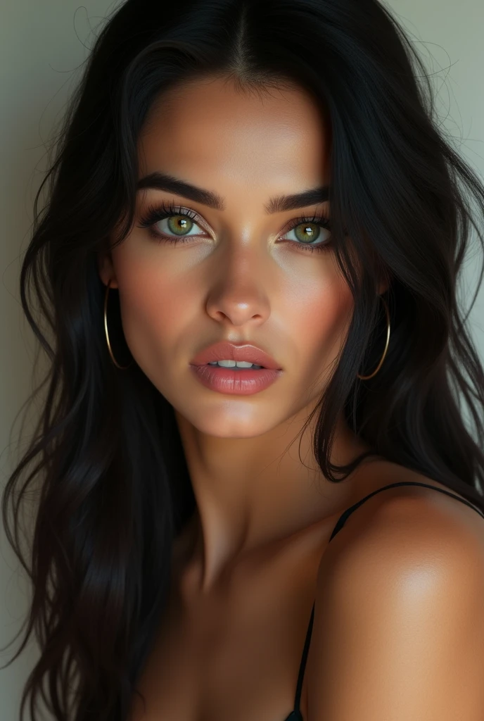 Portrait of a young girl with straight hair of 2 very realistic with an Arab or Turkish look with a sexually desirous look and the whole body visible and a resemblance to 50% with abella danger with very realistic green eyes and with the face clearly visible