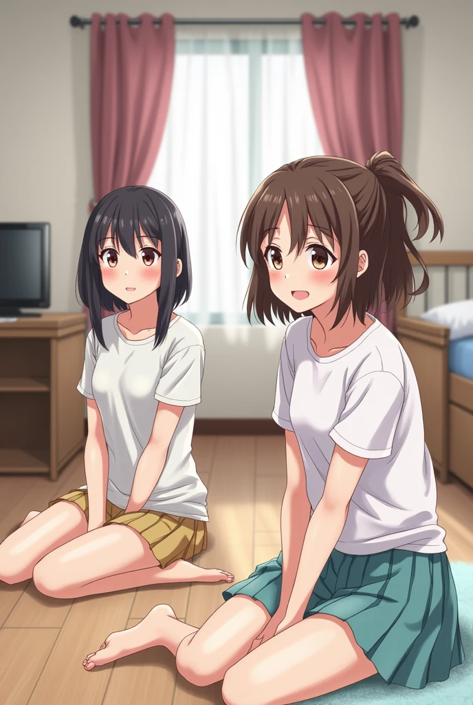 Absurd resolution, high resolution, (masterpiece: 1.4), super detailed, (((detailed face, detailed expression)), two girls, girl and girl, friends, best friends, classmates, relaxing, ponytail, bob, sitting on bed, sitting on the floor, two people conversing, background in room, friends, best friend, home, 1K, small room, curtains, bed, TV, desk, room wear, kyoto animation, The atmosphere of Kyoto Animation, (tearful)