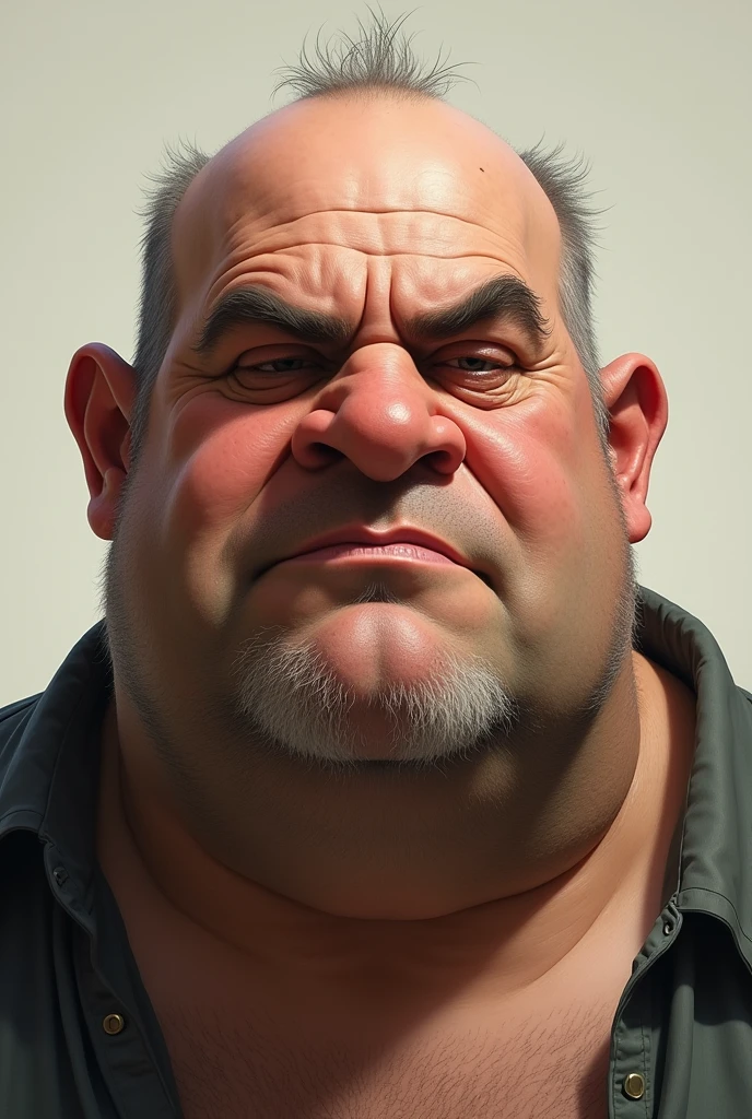 Fat hairy bolding man with big nose,with no beard and mustache 
