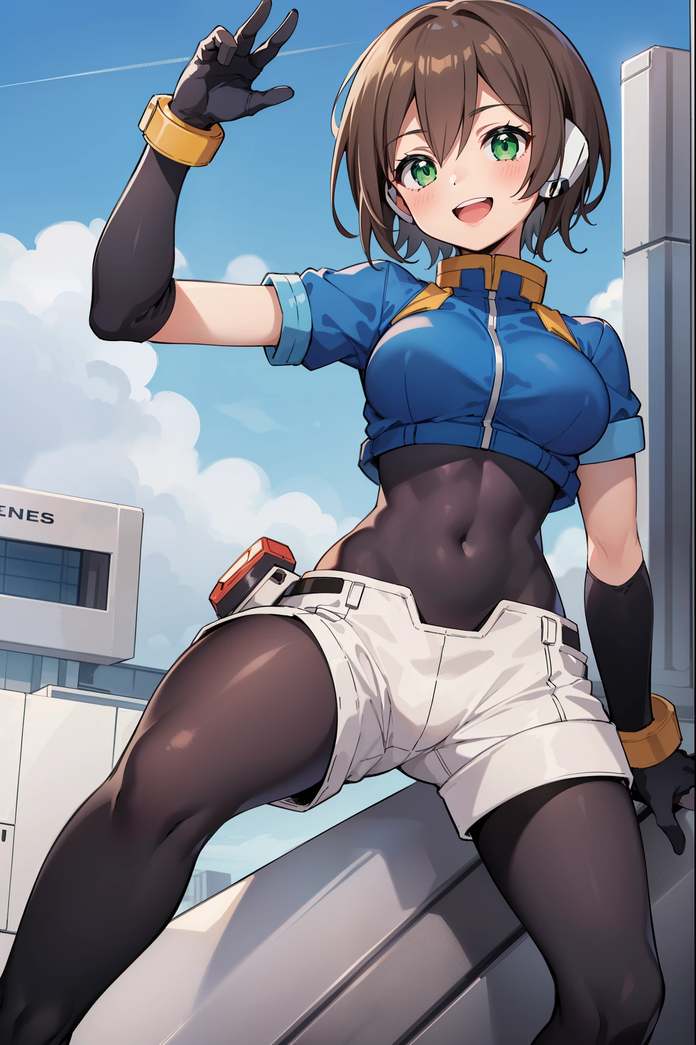 aile_megamanzx, , 1girl, solo, short hair, brown hair, short sleeves, (bodysuit), robot ears, green eyes, short_shorts, short sleeves, short over long sleeves, smile, in futuristic city, , high quality, medium_breasts,crotch, slouch