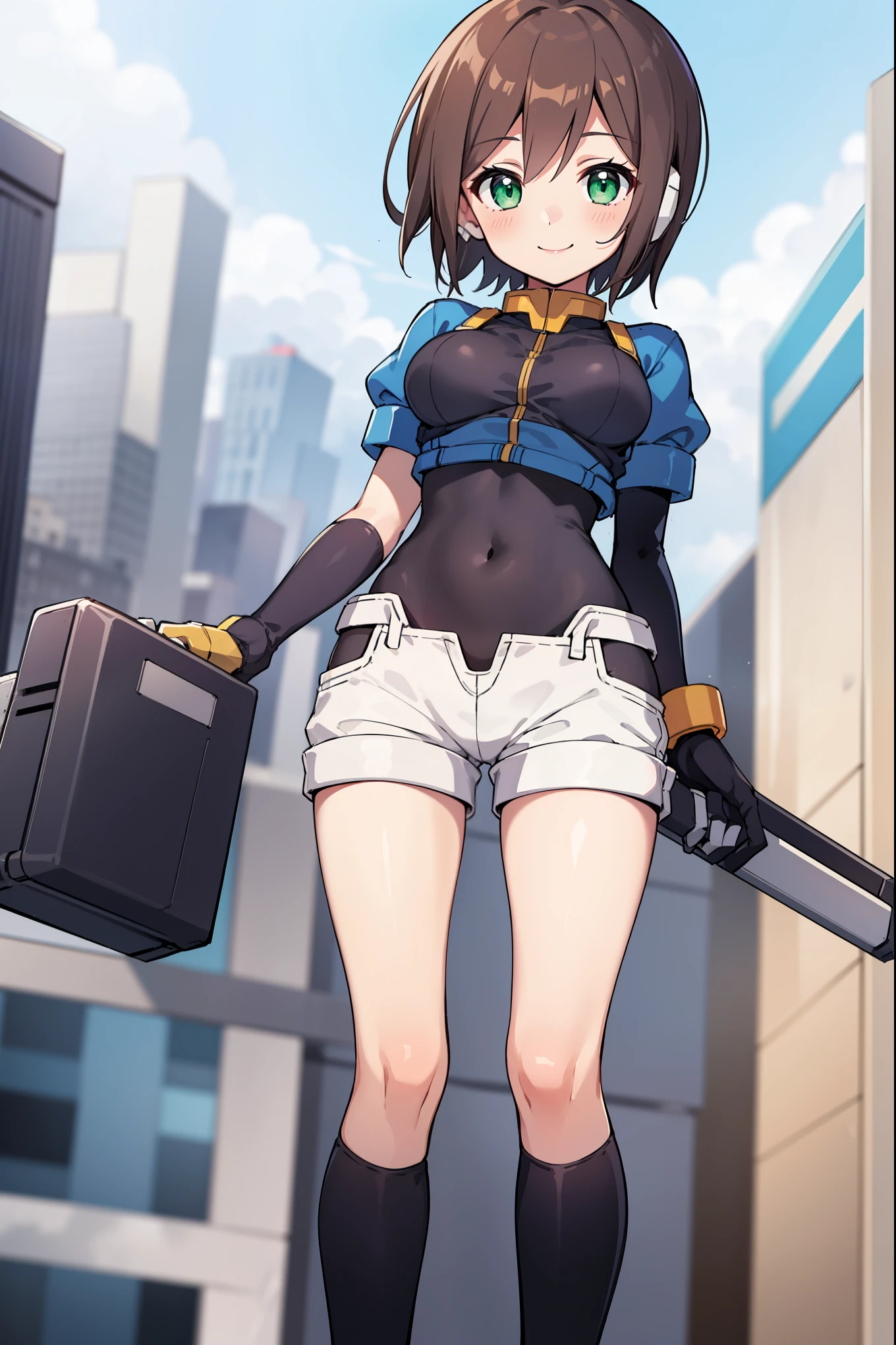 aile_megamanzx,  , 1girl, solo, short hair, brown hair, short sleeves, (bodysuit), robot ears, green eyes, short_shorts, short sleeves, short over long sleeves, smile, in futuristic city, , high quality, medium_breasts,crotch, slouch