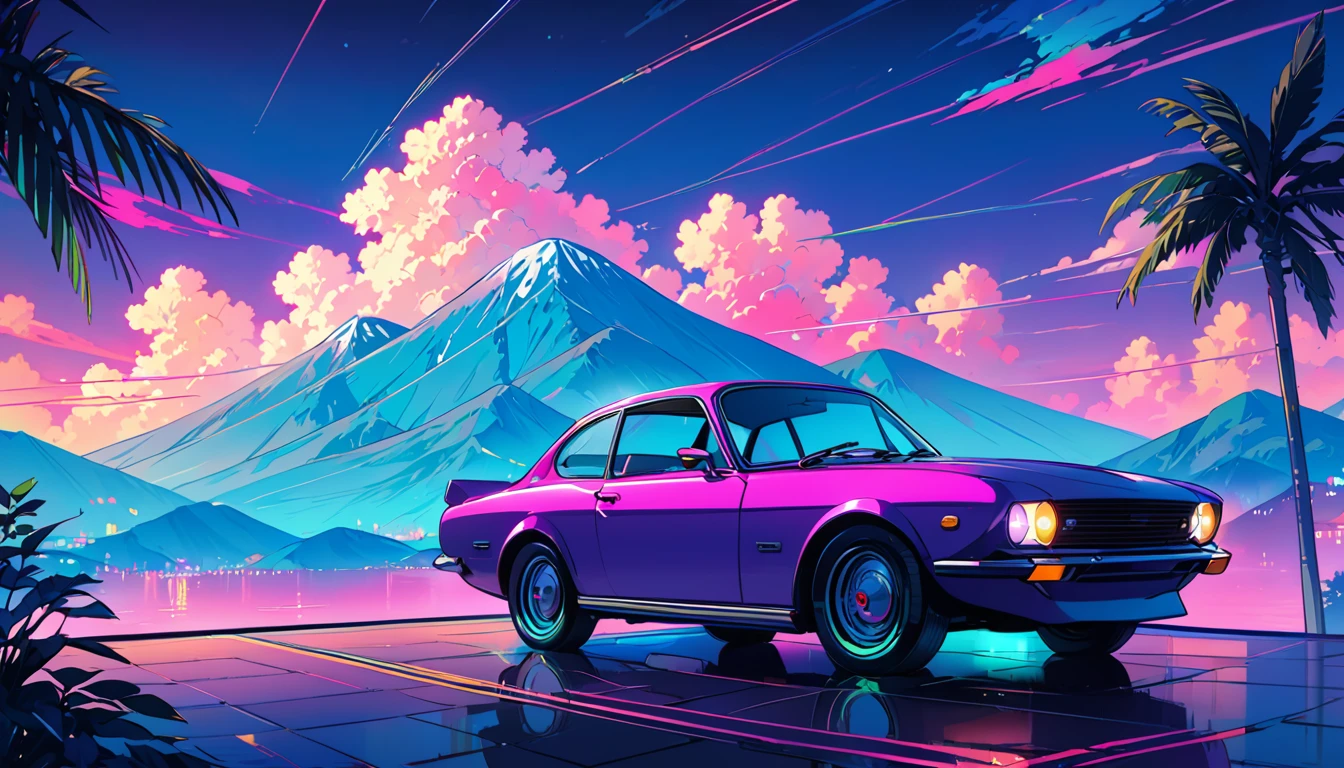 masterpiece,Highest quality,1 Synthwaveガール,Blue outline,Retro Car,Blue fluorescent paint,alone,From below,Cowboy Shot,Sitting on the roof of a building,Highly detailed CG,Flat Color,Limited Edition Palette,Line art,silhouette,Partially colored,Alternative color,Dynamic Angle,Mizuga Short Bob、Blue Long Upper Champagne,Dark purple shadow,Synthwave,chromatic aberration,(aloneフォーカス)、Perfect Shadow、yukata、Delicate face、、Beautiful and delicate eyes、Delicate background、Blue Neon Light、night、
