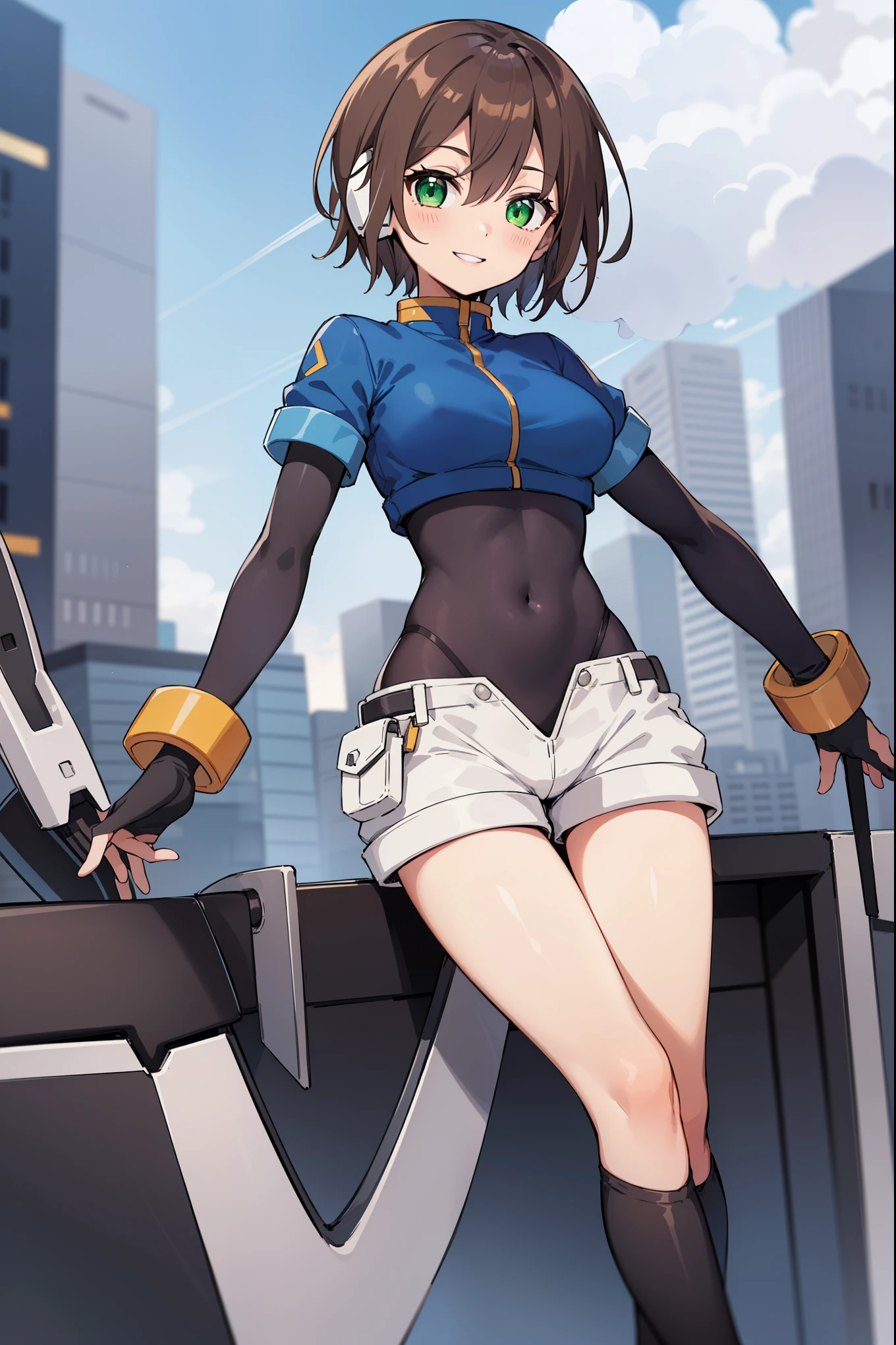 aile_megamanzx,  , 1girl, solo, short hair, brown hair, short sleeves, (bodysuit), robot ears, green eyes, short_shorts, short sleeves, short over long sleeves, smile, in futuristic city, , high quality, medium_breasts,crotch, slouch