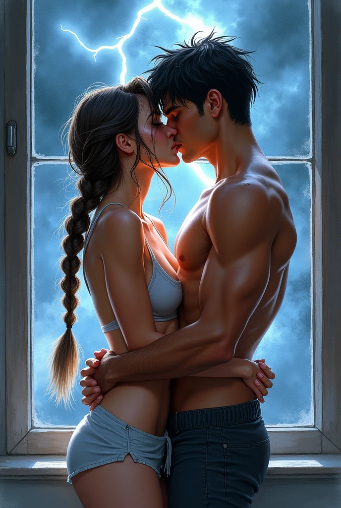 Realistic watercolor illustration of a passionate kiss in front of a large window in the room. Violeta, with her long braid going from dark brown roots to white tips, has her legs wrapped around Xaden's waist, pulling him closer as they kiss intensely. Xaden, with short black hair, is shirtless, revealing his muscular build as he holds Violeta's weight, his hands gripping her bare thighs. Violeta's clothes have slipped off, exposing her bare shoulders and back. She's wearing only a white panty. The storm outside rages on, with lightning illuminating their figures through the window, casting a dramatic, sensual glow over their intertwined bodies. The scene captures a moment of raw passion, highlighting the powerful connection between them.