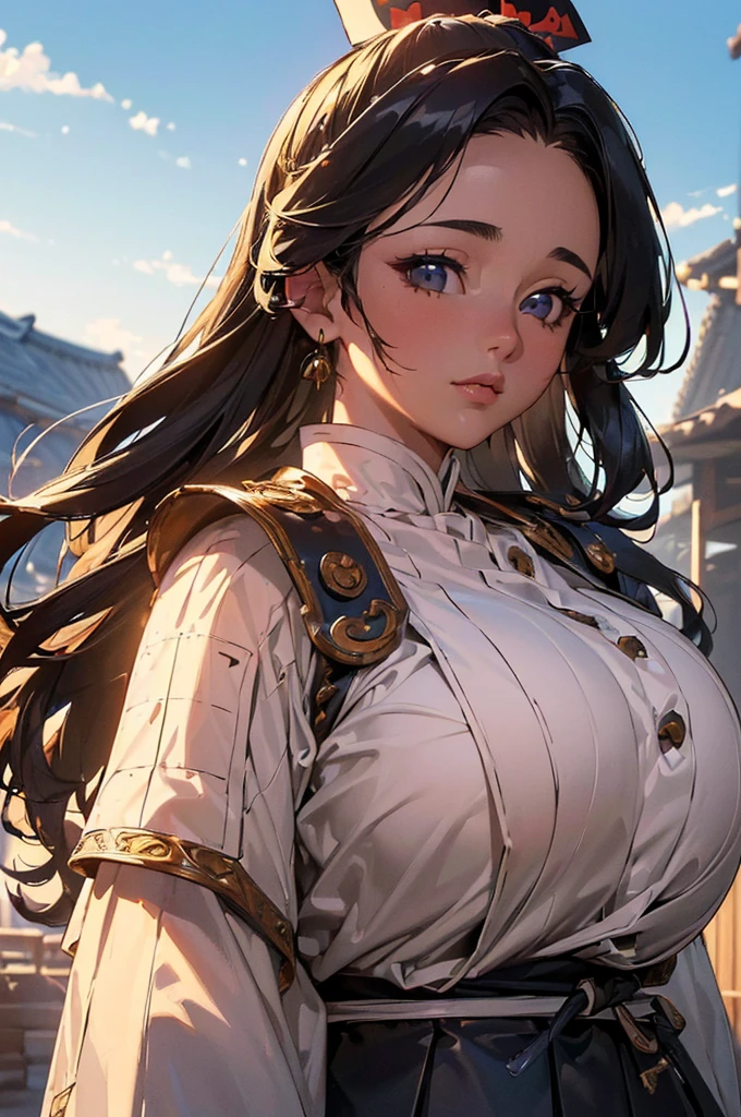 ((((High resolution, Intricate details, masterpiece, 8k, from front)))), (((beautiful, samurai, armor))), ((In the town, One Woman, Big Breasts, Large Breasts, Huge Saggy Tits)), (Black Hair, Beautiful forehead, Long Hair, Glowing Skin), from front, looking at viewer, look at viewer, pub, bright,