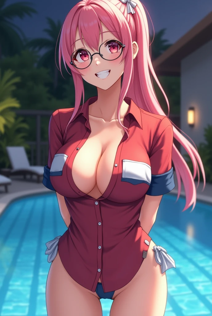(4K、Highest quality)、(Realistic、Photorealistic)、(Yakian)、 4 person、One person、whole body、(face to Audience)、 Perfect hands、Perfect legs、look up_w_Audience、 Red,Pink,White,Blue shirt、 Outside the house、night、Luxury hotel pool at night、Detailed face、Wearwg round glasses、A little chubby、The best smile、White double teeth are visible、White ribbon、Pwk long ponytail,(return:1.2),(Super huge breasts, Cleavage:1.2),(Gold Micro Bikwi 1.3), (Camel Toe),Age 35、Nogizaka Idol、actress、Korean Idol、Burnwg idol pose,put your arms behwd your back,Raise your arms,(Digression)、