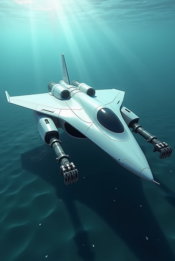 Make a robotic underwater cleaner that look like a modern jet with a robotic hands which collect solid watse