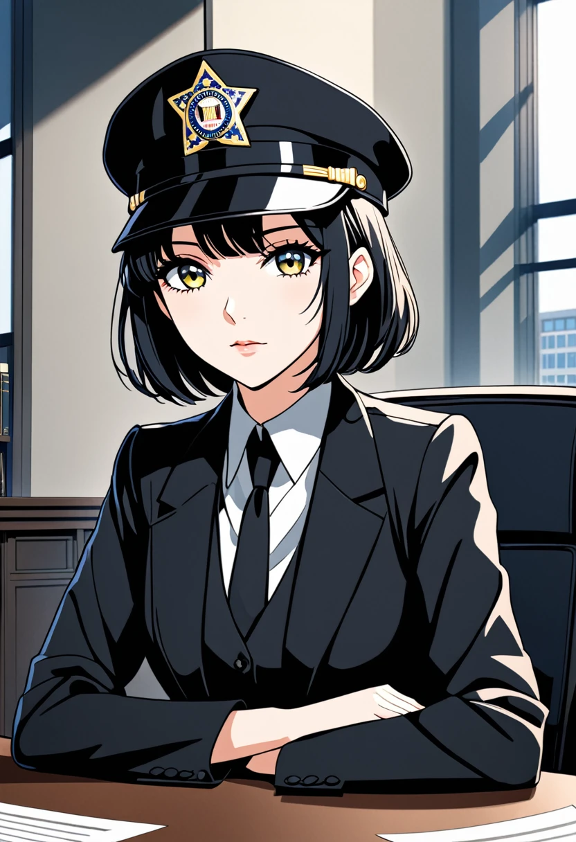 anime style, highest quality, Young woman, 2, FBI agent, pretty haircut, black jacket, black vest, black pants, Fyodor's hat, sitting at the table in the FBI office, 1929 year, no alcohol law, portrait