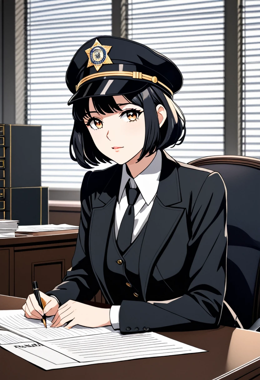 anime style, highest quality, Young woman, 2, FBI agent, pretty haircut, black jacket, black vest, black pants, Fyodor's hat, sitting at the table in the FBI office, 1929 year, no alcohol law, portrait