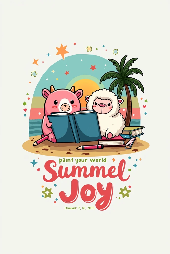 The illustration must feature stationery objects (as colored pencils, pens, notebooks) and two cartoon-style Squishmallows.
The first Squishmallow is a happy pink cow, with vibrant colors and details reminiscent of a teddy bear, with a rounded and cozy shape.
The second Squishmallow is a cute sheep, also with a plush appearance and with cute and delicate features.
Both Squishmallows are in different situations/places that suggest a school fun vibe.
Art must have an organic distribution, suitable for shirt printing, avoiding rigid rectangular shapes.
Below this scene, inclua o texto “Paint your world with joy,” styled in a fun and colorful way, with the font color transitioning from pink at the top to yellow at the bottom, imitating a sunset.
The overall art should evoke a sense of school nostalgia and the joy of drawing., reflecting the theme of a high school summer.