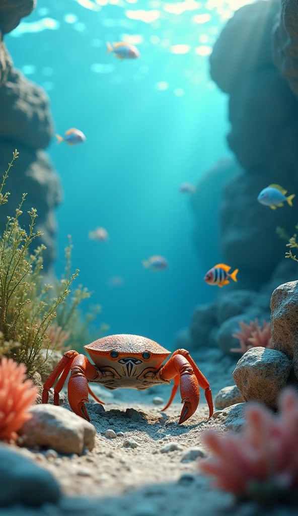  crab which is inside the sea. Fishes are also swimming in the sea. And there are also stones and sea plants in the sea.image in 3d animation 