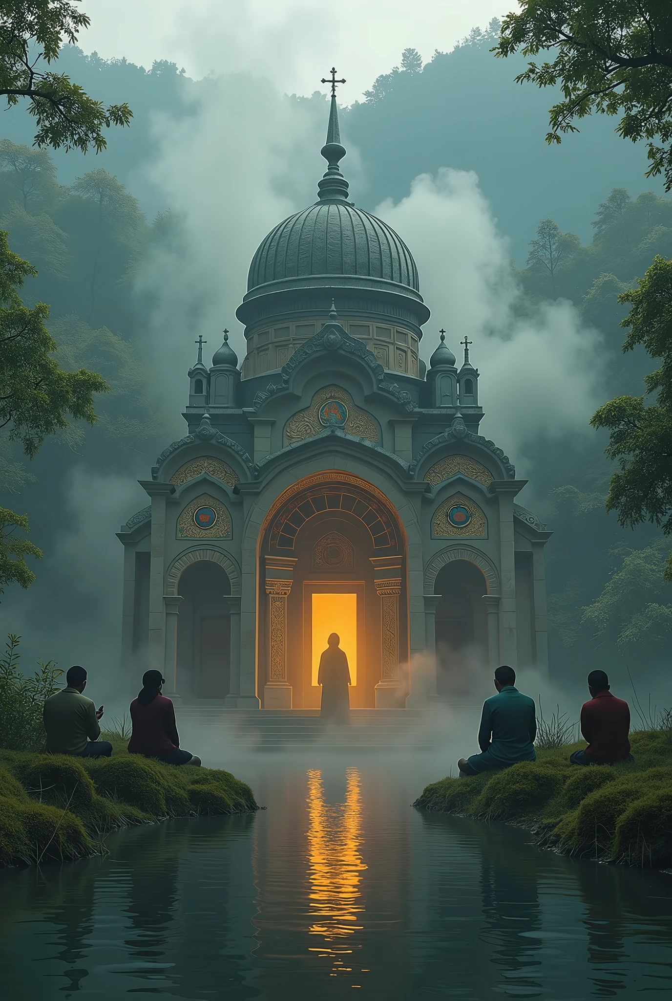 an Ethiopian church, surrounding water, prayers surrounding the church, smoke come from the church towards the people