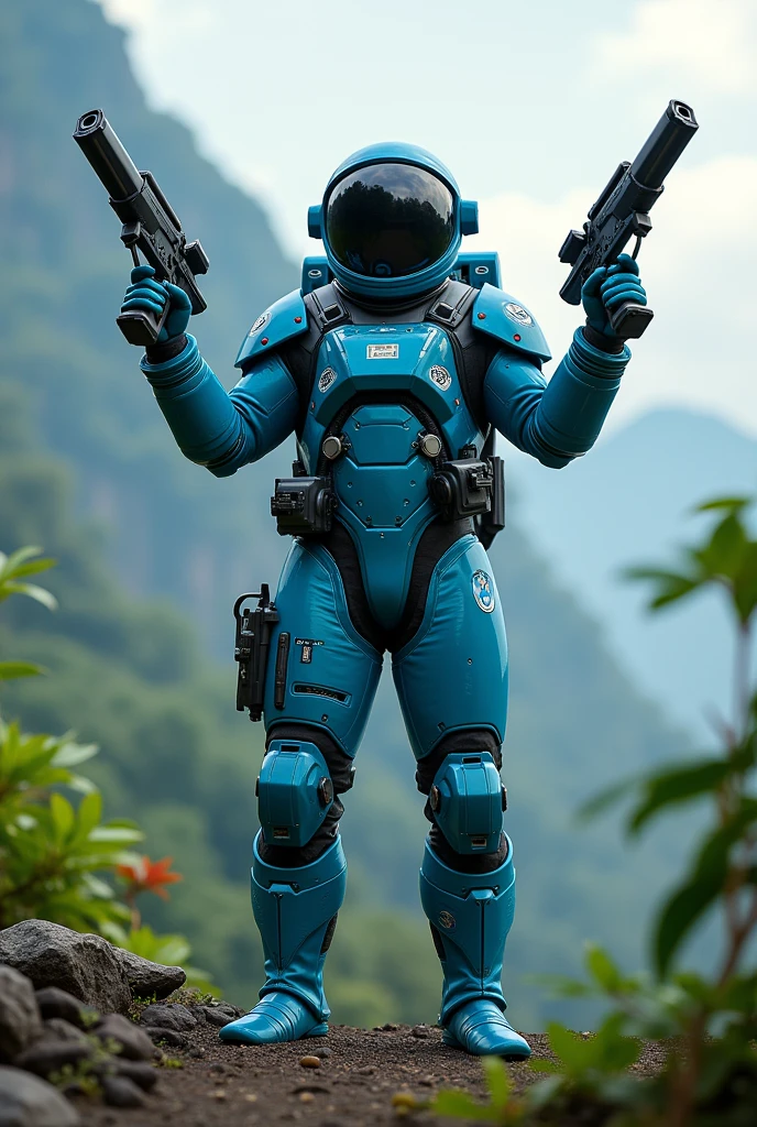 cyan colored male astronaut in a black helmet with two Minigun and both raised up with Indonesian background