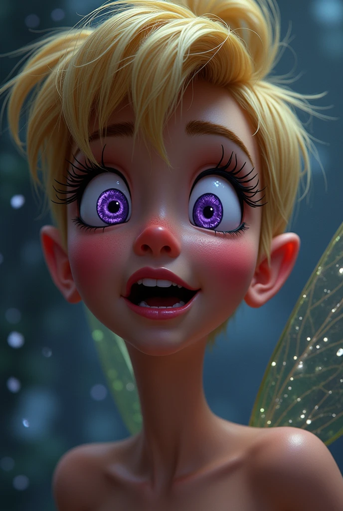   Sexy Tinkerbell with big breasts and mesmerizing eyes with big purple black swirls in her eyes in a spiral as she experiences really strong sexual pleasure ORGASME and you can see it on her face