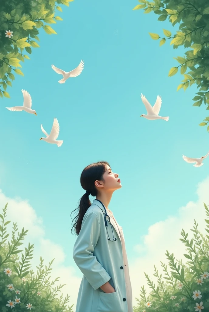 .A cream and indigo print of a {Create a peaceful and reflective book cover for an autobiography of a nurse. The cover should feature greenery around the edges, framing a clear blue sky in the center. A 20-year-old woman, who represents the nurse, is the main focal point. She stands in the foreground, slightly turned to reveal part of her face, and is gazing up at the sky. She is wearing a lab coat with her hands in the pockets of the coat. The overall mood should evoke a sense of contemplation and hope} surrounded by white birds, in the minimalist style