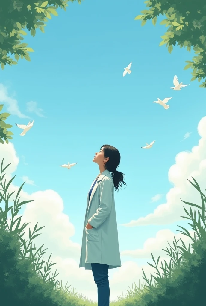 .A cream and indigo print of a {Create a peaceful and reflective book cover for an autobiography of a nurse. The cover should feature greenery around the edges, framing a clear blue sky in the center. A 20-year-old woman, who represents the nurse, is the main focal point. She stands in the foreground, slightly turned to reveal part of her face, and is gazing up at the sky. She is wearing a lab coat with her hands in the pockets of the coat. The overall mood should evoke a sense of contemplation and hope} surrounded by white birds, in the minimalist style