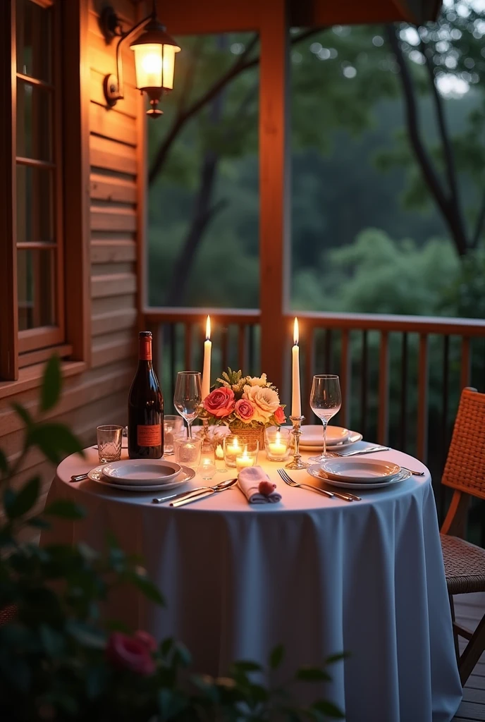 Table set for a romantic candlelit dinner on the porch of a house