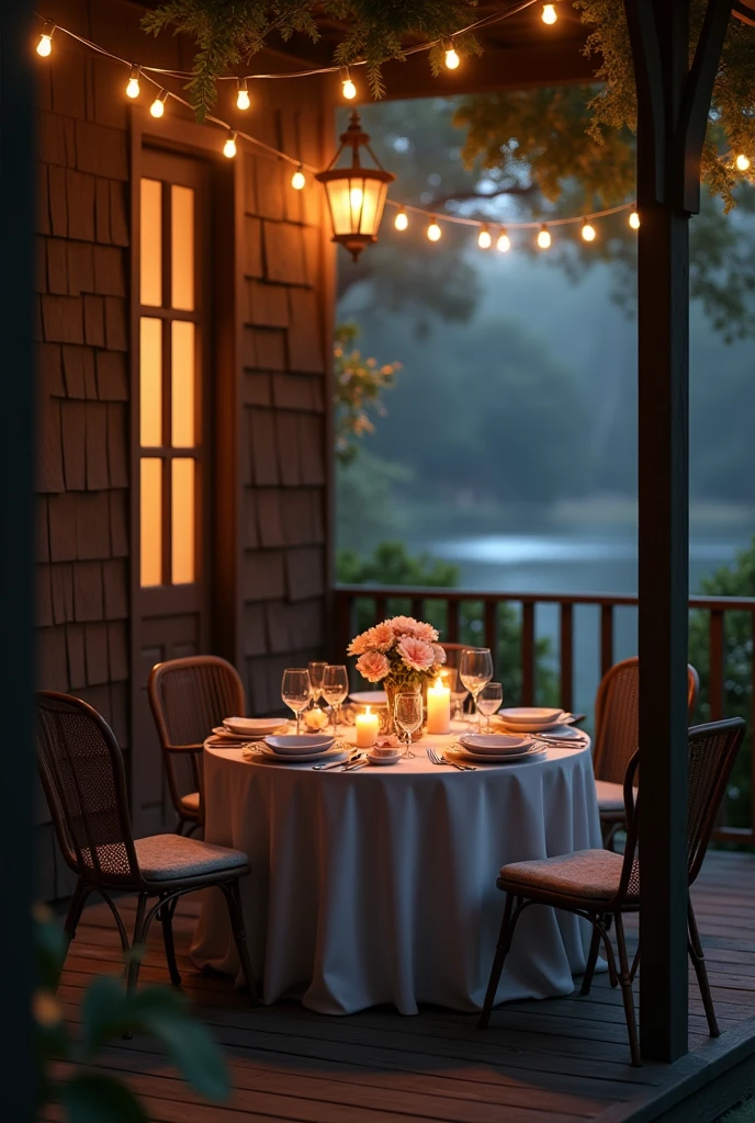 Table set for a romantic candlelit dinner on the porch of a house