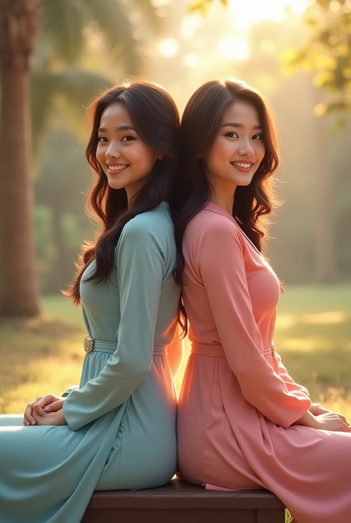 

Two Malay girl in hijab wear baju kurung, pastel color, seating, front view, detail skin, detail skin texture, mole below eyes, big breast, big hip, big waist, big thigh, slim abs, beautiful body,back, beautiful buttocks, beautiful buttocks, from behind, (looking at the audience, looking back, facial details, double eyelids, smiling),evening, laughing, happy, bright lighting, blur background, bokeh,