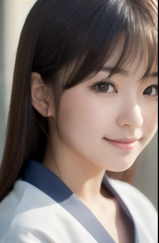 best quality, face focus, soft light, ultra high res, (photorealistic:1.4), RAW photo,(Shinozaki Ai), (fair skin),
1 Japanese girl, solo, cute, smile, (pupil, lights in the eyes), detailed beautiful face, Medium-sized breasts,(high resolution detail of human skin texture),(portrait), upper body, white kimono, long hair