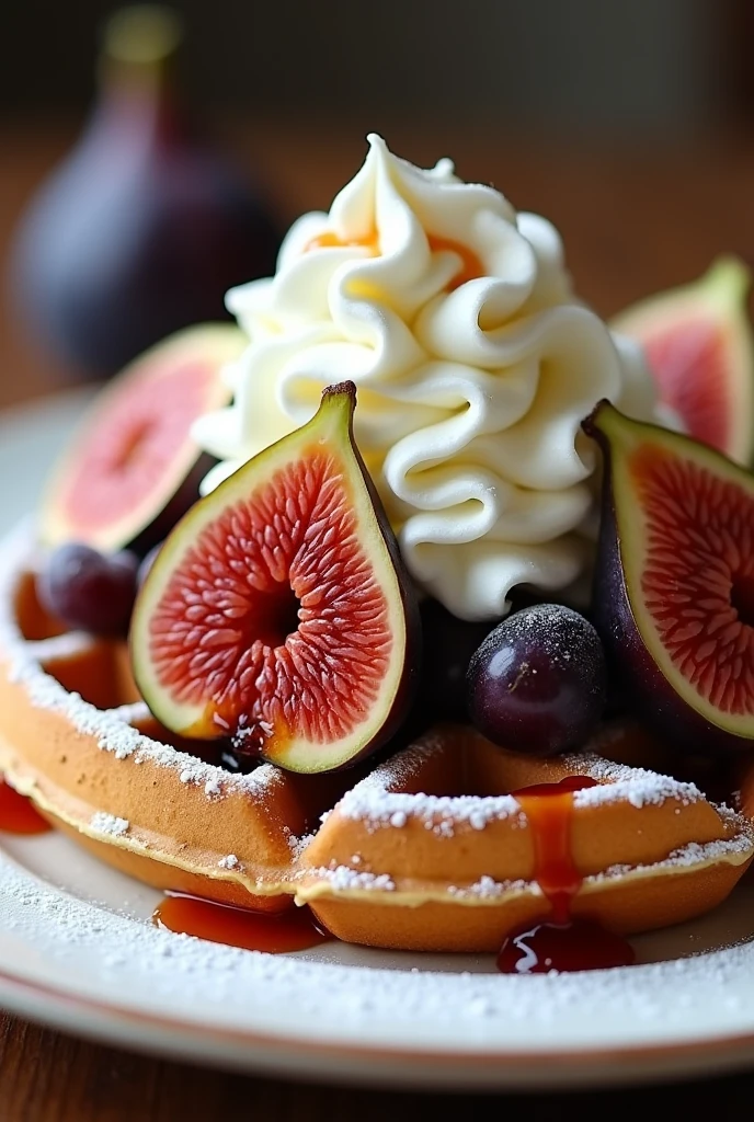 Waffle with figs, whipped cream and fig jam