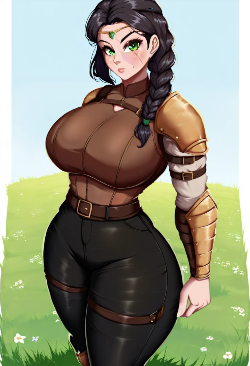 score_9, score_8_up, score_7_up, score_6_up, score_5_up, score_4_up, BREAK, source_anime, 1girl, solo, shadowheart, black hair, braided ponytail, green eyes, scar on face, circlet, looking at viewer, armor, huge breasts, thick thighs, leather pants, standing, grass, meadow background 