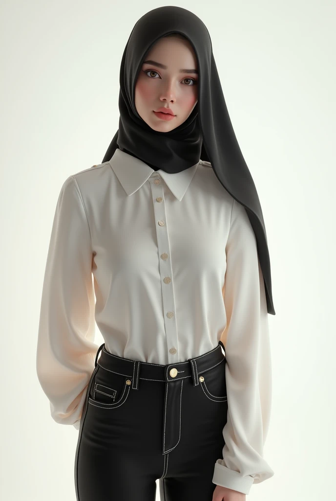 a full body cute muslim woman standing in front of a white wall, trending on cg society, realism, in white blouse and black jeans, black hijab,black shoes,young and cute girl, tight shirt, white outline, white background!!!!!!!!!!, 1 girl, milky white skin,, with backlight, slim waist, high collar