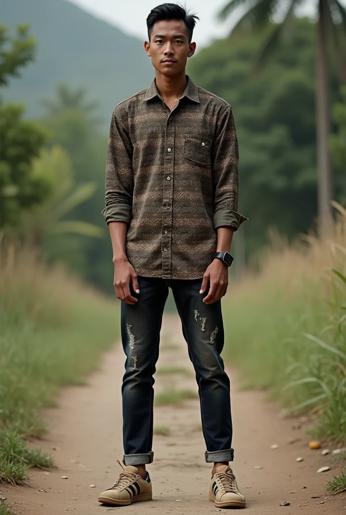 Please make me a realistic photo Indonesia man ((full skinny tall)) standing outside facing the viewer. This guy was wearing a batik long-sleeved shirt with buttons, dark torn jeans with rolled up ends, and light brown Adidas samba shoes. An iPhone smartwatch is seen on the person's left wrist.