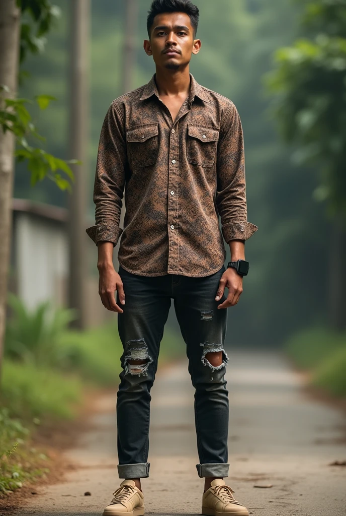 Please make me a realistic photo Indonesia man ((full skinny tall)) standing outside facing the viewer. This guy was wearing a batik long-sleeved shirt with buttons, dark torn jeans with rolled up ends, and light brown Adidas samba shoes. An iPhone smartwatch is seen on the person's left wrist.