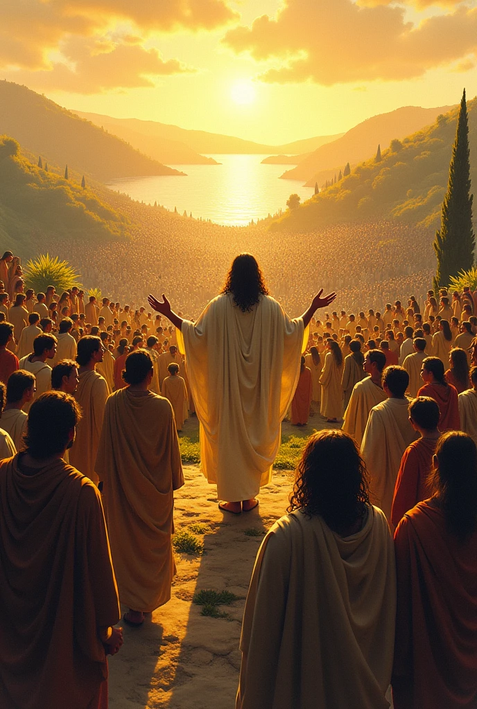 a very loose sketchy sketch, done in the style of Karl Kopinski, aerial view of the scene of A serene yet powerful moment on a hill, ganes delivering the Sermon on the Mount to a diverse crowd. The sun is setting, casting a warm golden light over a sea of listeners—men, women, and children of various ages and ethnicities. Jesus, in simple robes, stands at the center, radiating a calm and compassionate presence, his hands gently raised as he speaks. The background shows a lush landscape with a fe