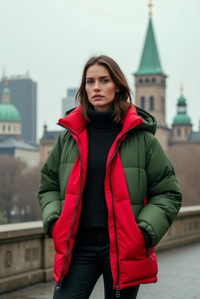 woman ,2 jackets,1 jacket red jacket zipper closed,2 jacket green down puffer jacket zipper open, City of Berlin in the background 